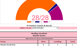 As per ECI website,BJP is leading on 21 seats, Congress on 6 and BSP on one.