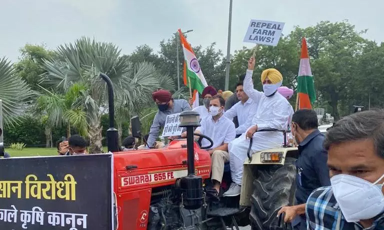 Rahul Gandhi in action with tractor against Centres inaction on Farm Laws