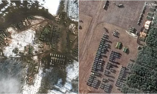 Satellite images show Ukraine border teeming with Russian military vehicles