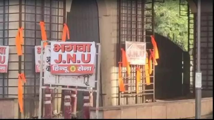 After Ram Navami clash, Hindu Sena puts up saffron flag, posters at JNU gate