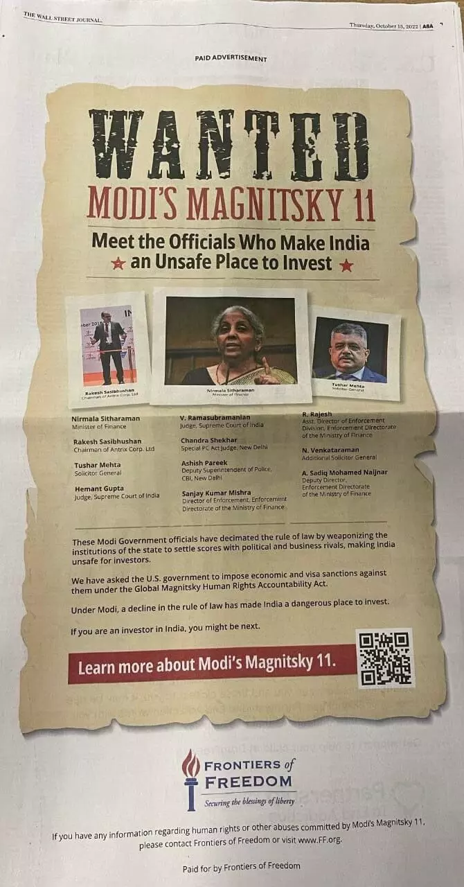 Ad in Wall Street Journal says India unsafe for investment, seeks US sanction on FM, others