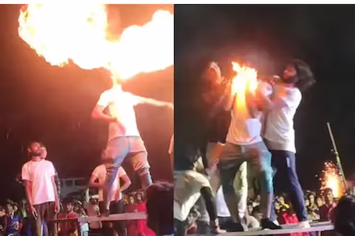 A mans beard caught fire after he tried a fire stunt: shows a viral video