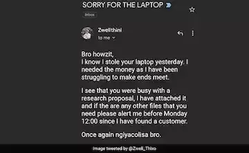 Laptop thief wins Internets praises after sending apology email to owner Laptop thief wins Internets praises after sending apology email to owner