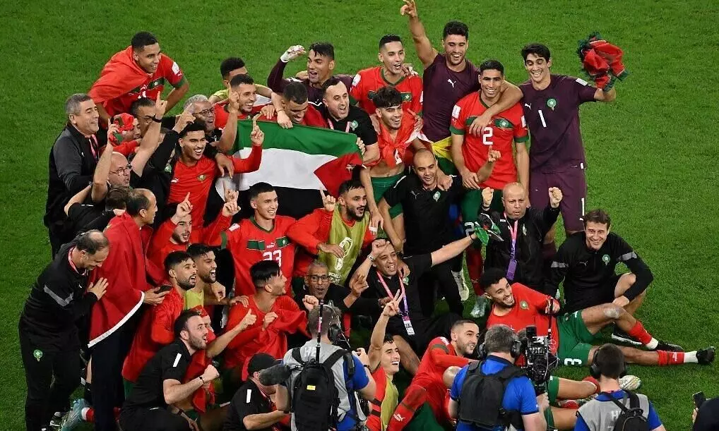 Moroccan squad waves Palestine flags, celebrating victory