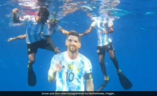 Messi cutout installed 100 feet underwater in Arabian Sea by Lakshadweep fans