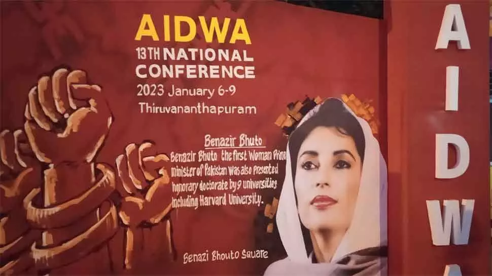 Enraged BJP on seeing Benazir Bhutto’s photo in AIDWA poster slams CPI (M)