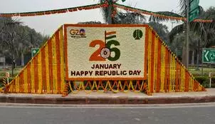 Roundabouts, traffic islands decorated with intricate floral patterns on Republic Day