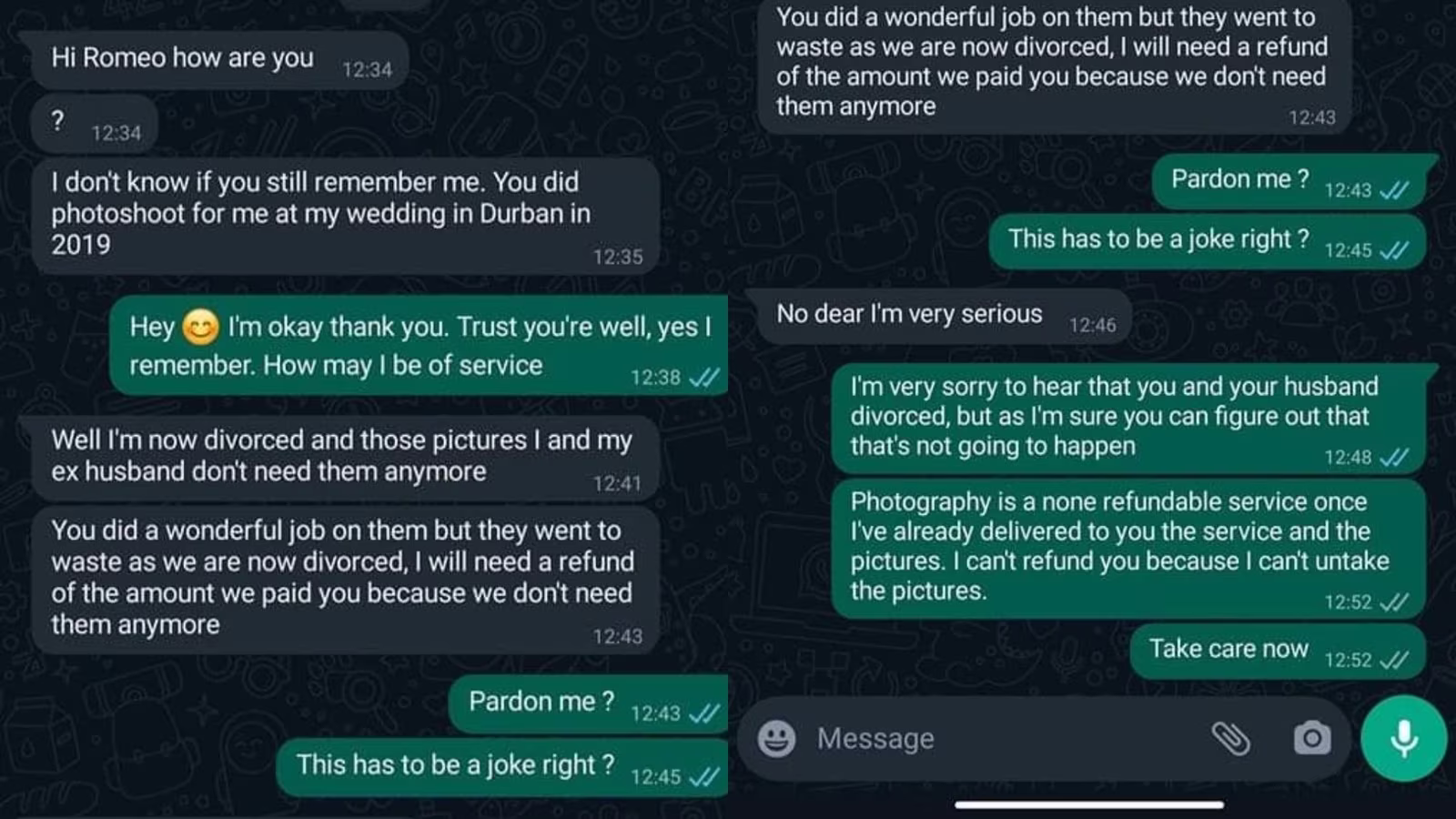 Woman demands full refund from wedding photographer 4 years after divorce, WhatsApp texts go viral