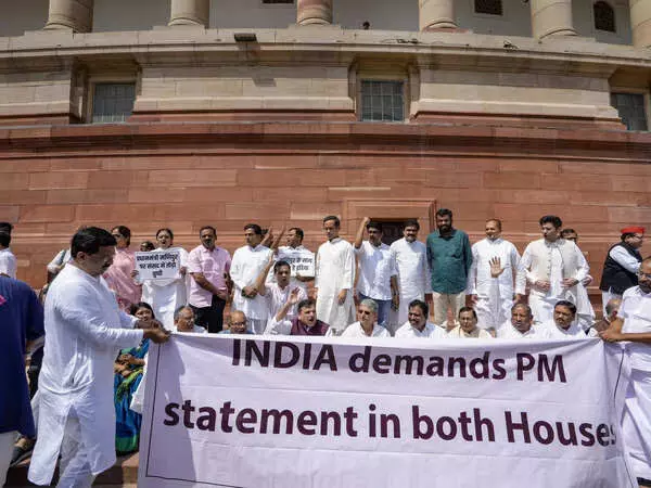 INDIA alliance demands PMs statement on Manipur; protests AAP MPs suspension