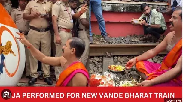 Hindu priests conduct Pooja on Kasargod railway tracks for Vande Bharat train