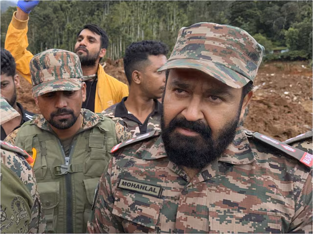 Mohanlal visits Wayanad in army uniform, pledges Rs 3 crore in aid
