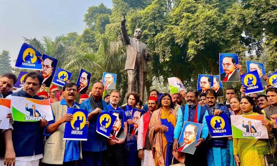 NDA, INDIA bloc MPs protest in Parliament over Shahs Ambedkar remarks