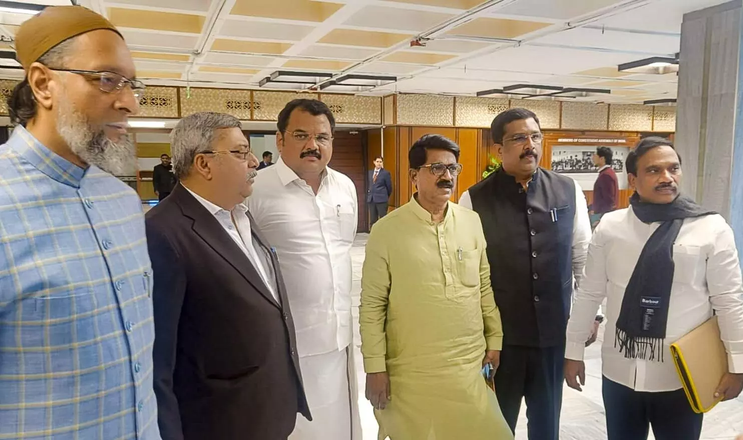 AIMIM MP Asaduddin Owaisi, TMC MP Kalyan Banerjee, and opposition members after a JPC meeting on the Waqf Amendment Bill in New Delhi on Monday. (PTI Photo)