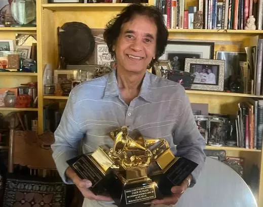 Zakir Hussain with his Grammy awards.