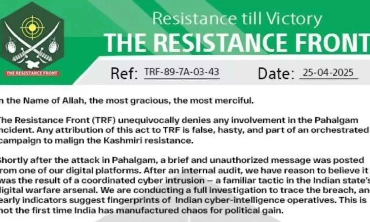 Lashkar offshoot denies role in Pahalgam attack, blames Indian intelligence for false claim