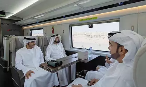 Sheikh Mohammed boards Etihad Rail for test ride from Dubai to Fujairah