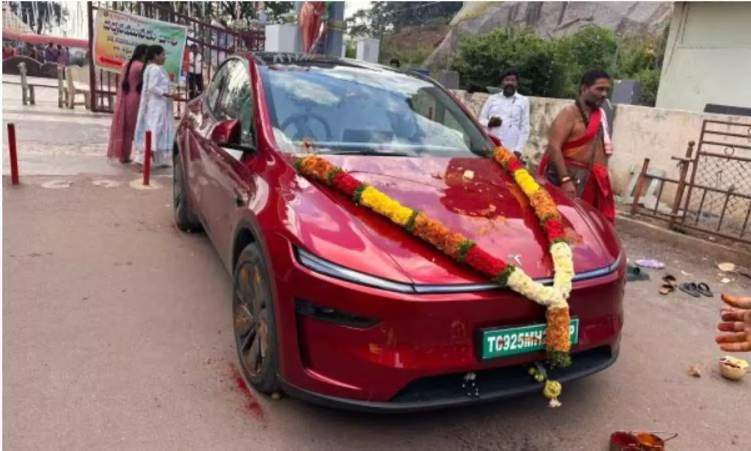 No safety without pooja: Hyderabad man performs pooja for his new Tesla’s safety