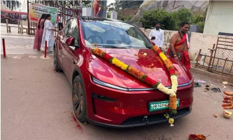 No safety without pooja: Hyderabad man performs pooja for his new Tesla’s safety No safety without pooja: Hyderabad man performs pooja for his new Tesla’s safety