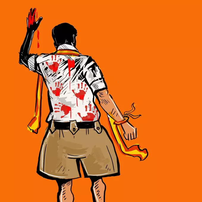 ആര്‍എസ്എസ് വേഷം ധരിച്ച് പുറം തിരിഞ്ഞു നിൽക്കുന്ന നേതാവ്; വെള്ള ഷർട്ടിൽ മുഴുവൻ ചോര പാടുകൾ; സോഷ്യൽ മീഡിയയിൽ വിജയ്‌ക്കെതിരെ ആക്രമണം കടുപ്പിച്ച് ഡിഎംകെ