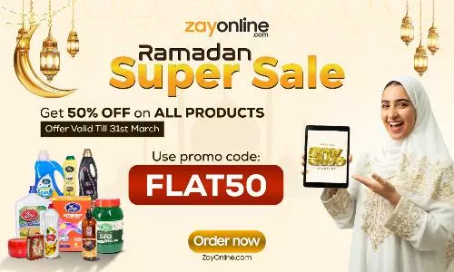 Promotional banner for Zay Online Ramadan Super Sale offering 50% off all products with promo code FLAT50 until March 31. Promotional banner for Zay Online Ramadan Super Sale offering 50% off all products with promo code FLAT50 until March 31.