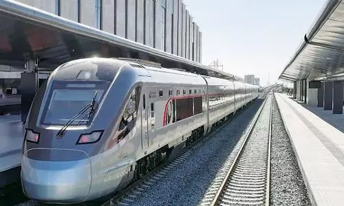 Etihad Rail passenger train stationed at a platform in Abu Dhabi