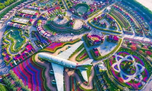 Colorful floral displays and themed installations at Dubai Miracle Garden in Al Barsha South.