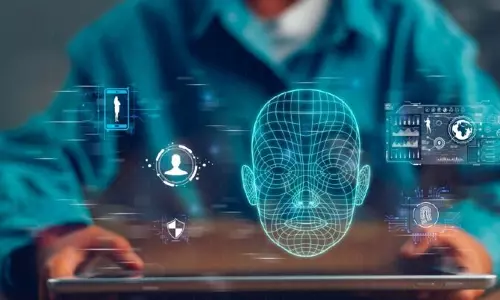 A digital illustration of a facial recognition interface and AI-generated face displayed above a tablet screen.