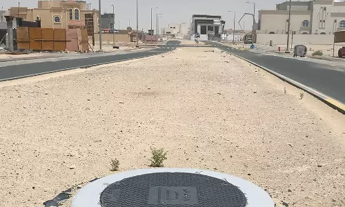 Abu Dhabi, Al Shawamekh, residential area, UAE neighborhood, suburban street, road median, desert landscaping, infrastructure, quiet street, UAE housing Abu Dhabi, Al Shawamekh, residential area, UAE neighborhood, suburban street, road median, desert landscaping, infrastructure, quiet street, UAE housing