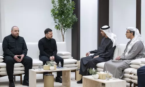 UAE President Sheikh Mohamed bin Zayed Al Nahyan meets Ukrainian President Volodymyr Zelenskyy in Abu Dhabi during an official visit, with senior officials seated in a formal discussion setting. UAE President Sheikh Mohamed bin Zayed Al Nahyan meets Ukrainian President Volodymyr Zelenskyy in Abu Dhabi during an official visit, with senior officials seated in a formal discussion setting.