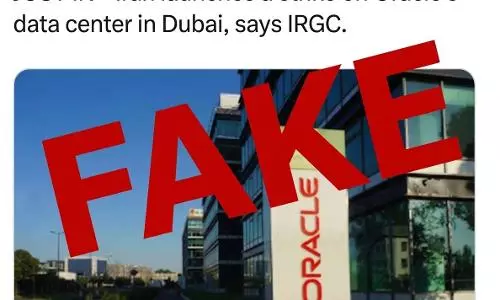 Graphic showing a false claim about a strike on an Oracle data centre in Dubai marked with a large “FAKE” label