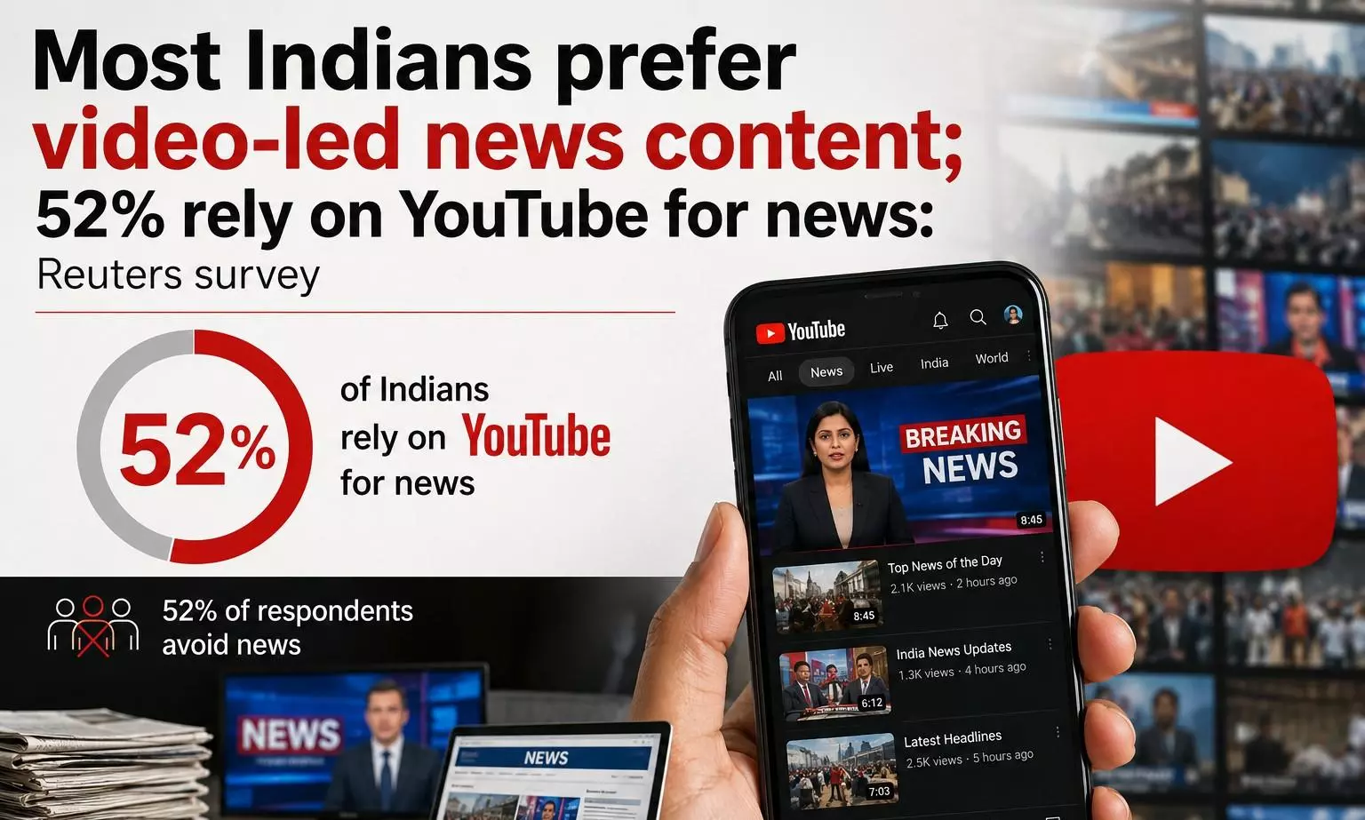 Most Indians prefer video-led news content; 52% rely on YouTube for news: Reuters survey Most Indians prefer video-led news content; 52% rely on YouTube for news: Reuters survey